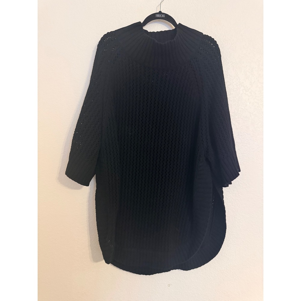 Cable Stitch Black Open Knit Mock Neck Poncho Sweater High Low L/XL